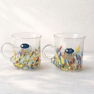 2pc Murano Venetian White Crystal Confetti Studio Art Glass Mug Hand Blown Italy